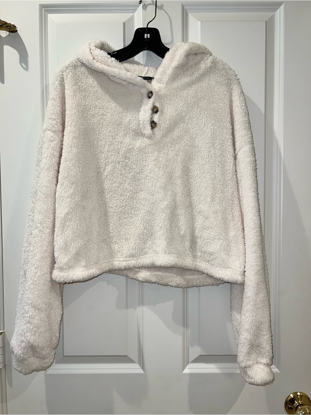 (Worn Once) SHEIN Plush Hooded Button-Front Pullover - Cream